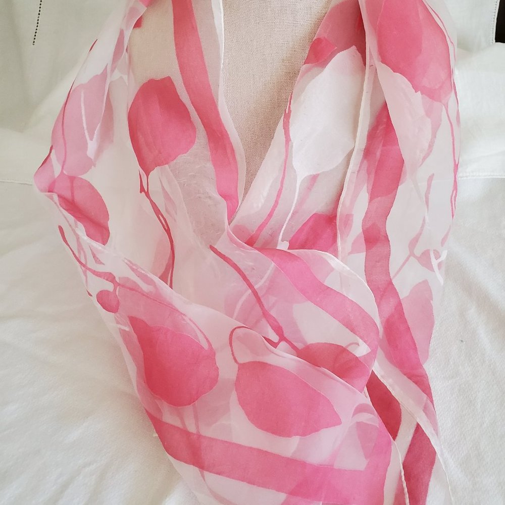 White and Pink Falling Leaves Scarf 14" X 43" - Picture 2 of 7